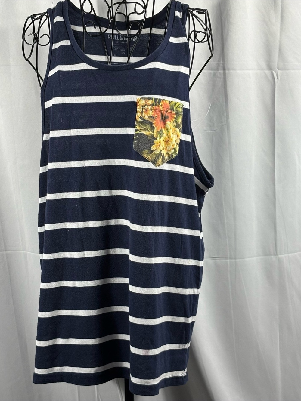 Pull&Bear Navy and White Striped Tank with Floral Pocket